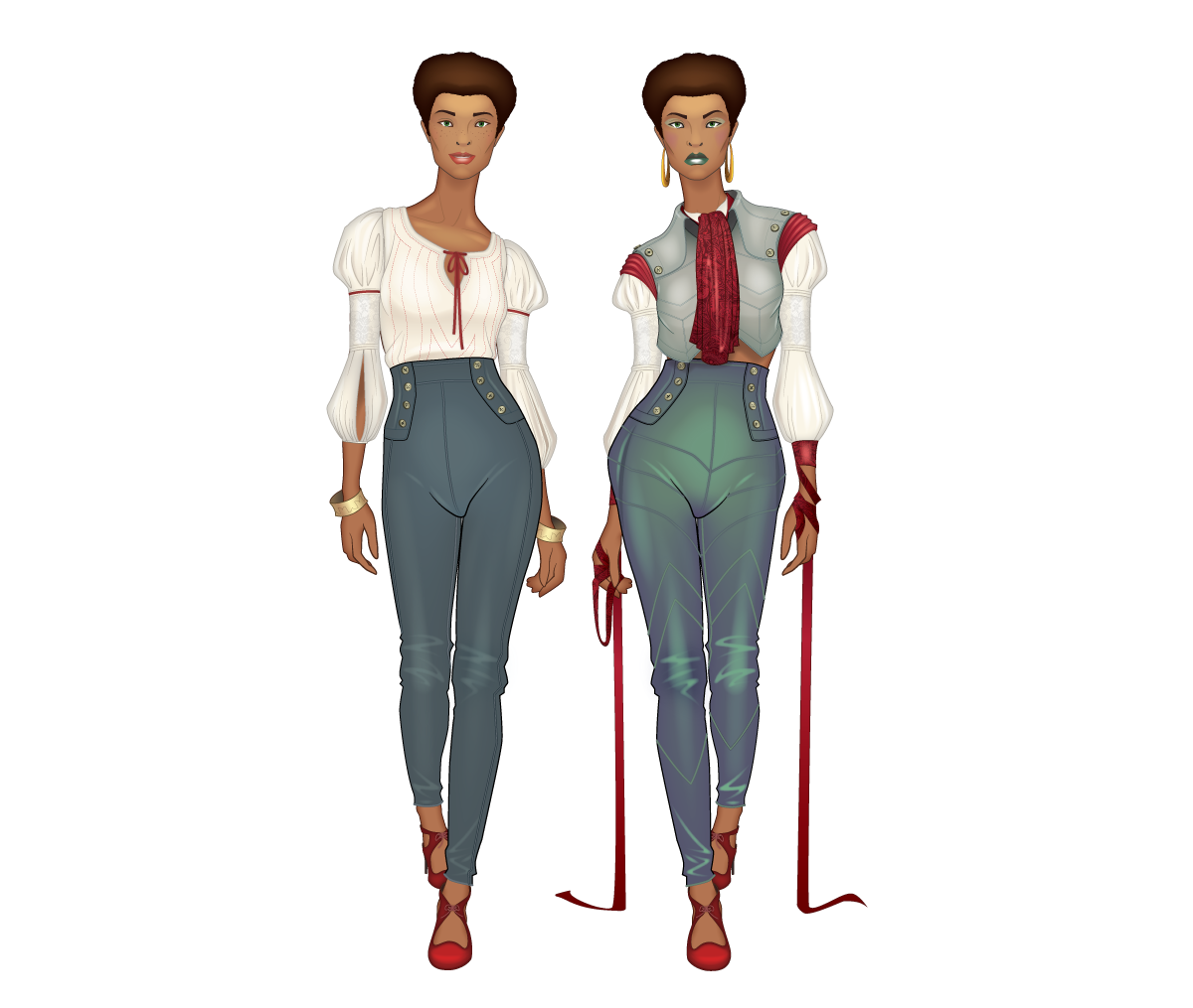 Runway and ready-to-wear fashion designs side by side.